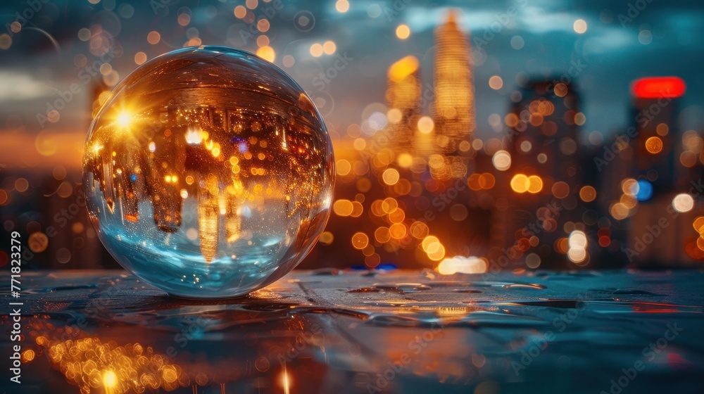 A future cityscape view through a golden color transparent glass globe sphere on the floor with architectural town background at the back drop and blurred bright lights dots A future cityscape view through a golden color transparent glass globe sphere on the floor with architectural town background at the back drop and blurred bright lights dots