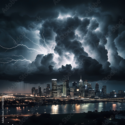 A dramatic thunderstorm over a city skyline.