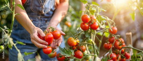 In the sunlight greenhouse, cherry tomato harvest farmers collect tomatoes. Women check vegetable fields. Worker inspects ripe vegetables. The concept is Agrocultivation.