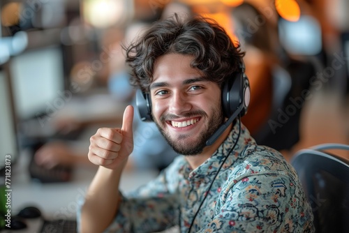 Hispanic male online support agent with headset showing thumb up at call center.