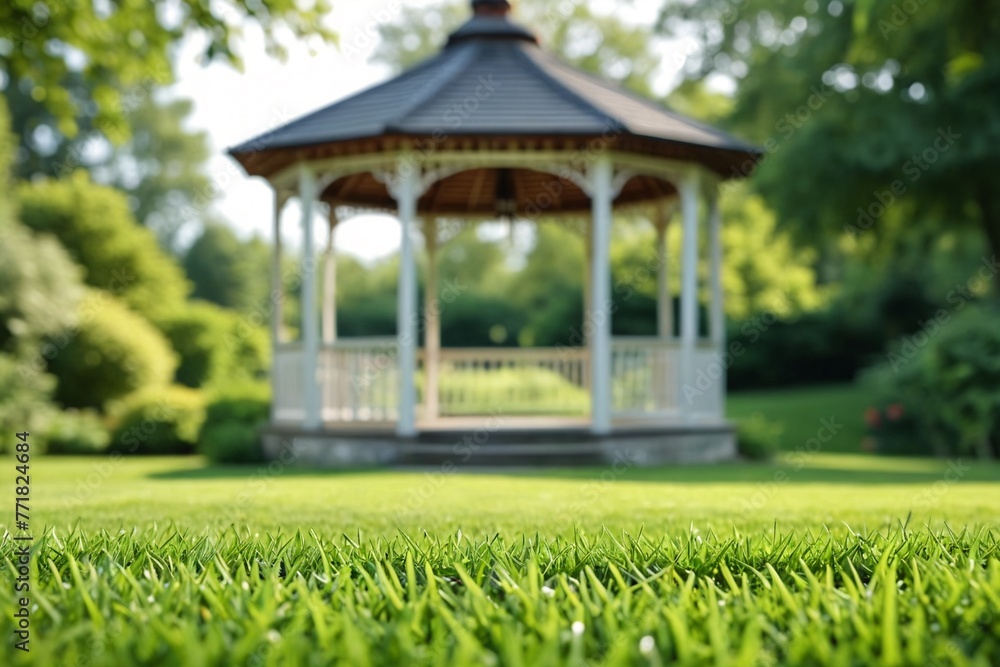 In the city park, in the middle of a green lawn, there is a beautiful gazebo for relaxation. Well-groomed paths along the green lawn. Texture of grass, lawn. In the city park, in the middle of a green lawn, there is a beautiful gazebo for relaxation. Well-groomed paths along the green lawn. Texture of grass, lawn.