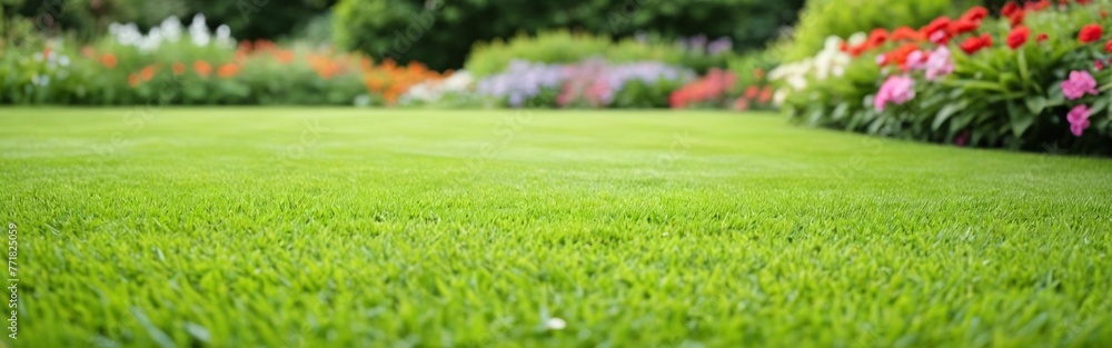 The backyard garden is full of flowers. Smooth green lawn with flowers in the background.