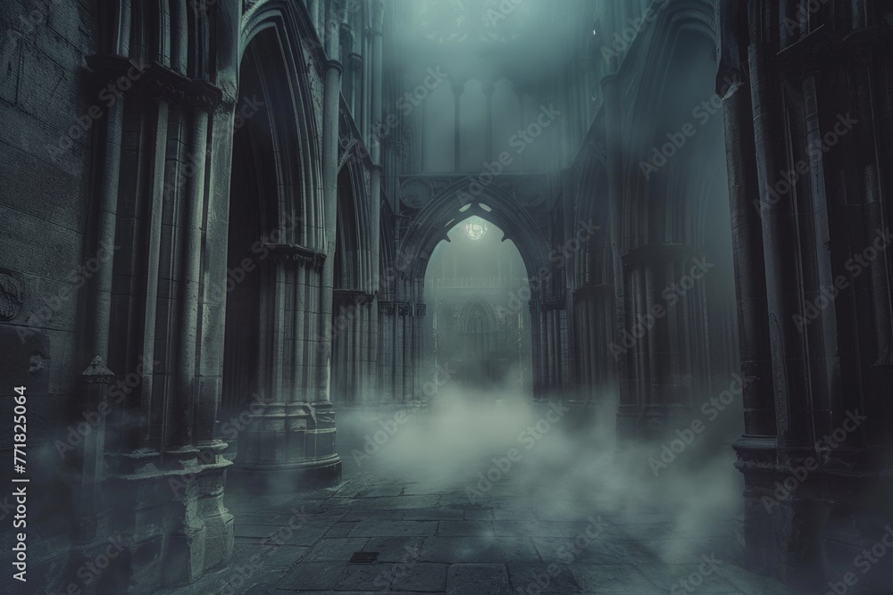 A dark, foggy, and eerie scene of a church with a large archway