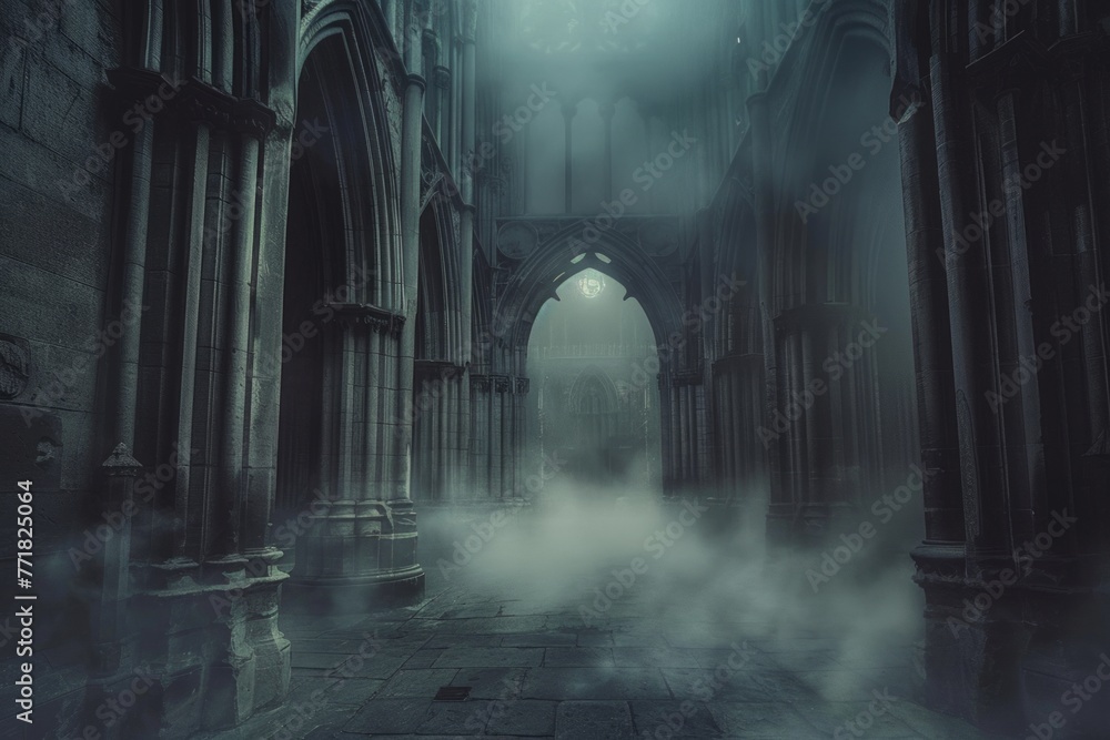 A dark, foggy, and eerie scene of a church with a large archway A dark, foggy, and eerie scene of a church with a large archway