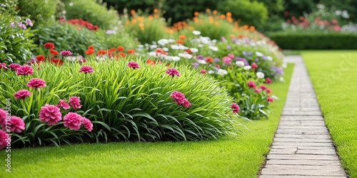 The backyard garden is full of flowers. Smooth green lawn with flowers in the background. © 360VP