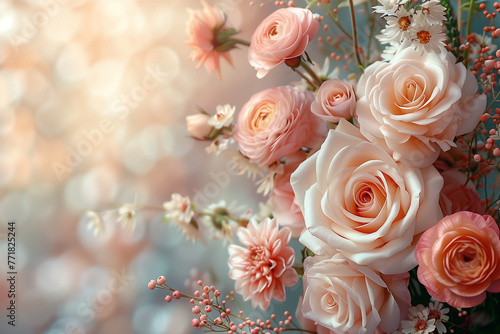 Bouquet of pink roses and buttercups on a pink background