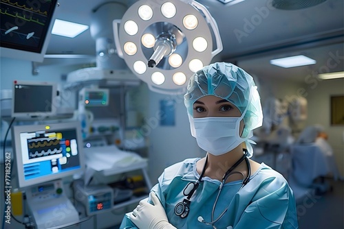 Surgeons in Action: Empowering Women in Surgical Attire with bouffant cap, surgical Mask and Gloves. Image created with AI. photo