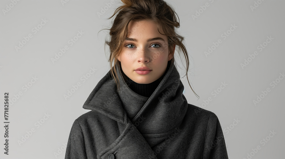 Fototapeta premium Elegant Young Woman in Classic Turtleneck and Charcoal Coat, Sophisticated Simplicity
