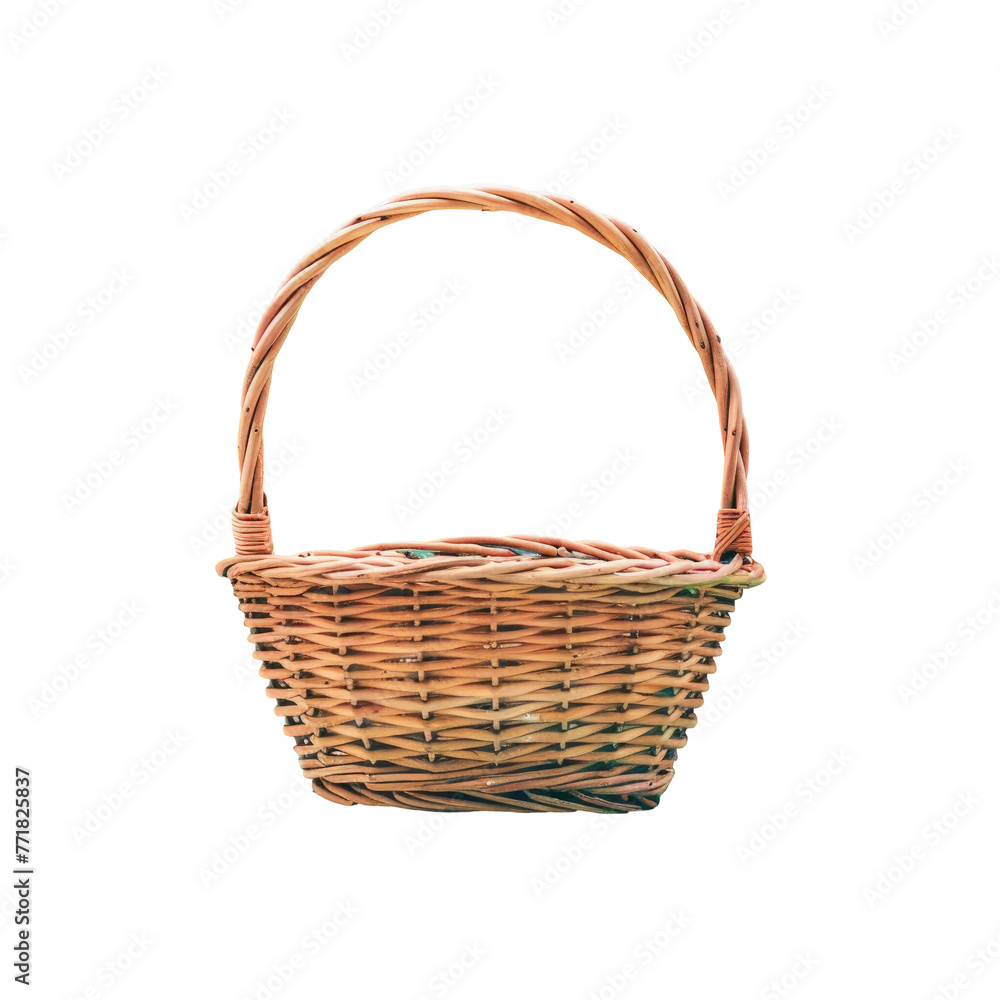 Wicker storage basket with handle, elegant design on transparent background