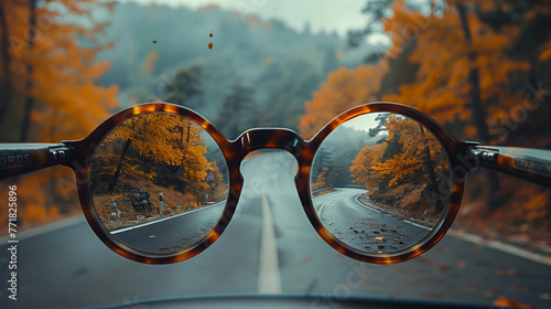 Autumn Road View Through Vintage Glasses, Fall Colors and Winding Journey
