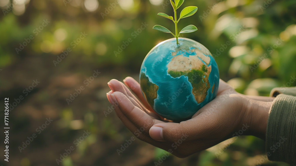 A person is holding a globe with a plant growing out of it, resembling ...
