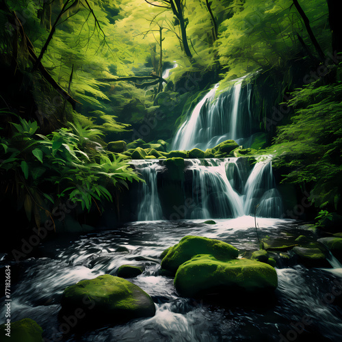 A tranquil waterfall in a lush green forest. 