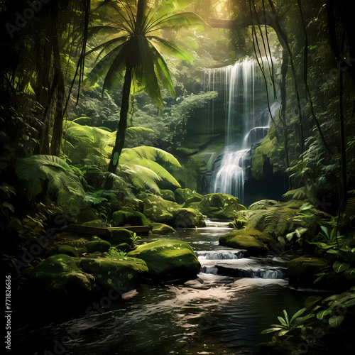 A tranquil waterfall in a lush green forest. 