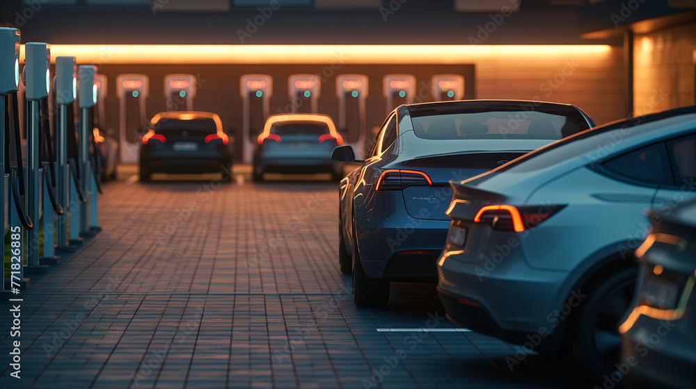 A line of electric cars with glowing tail lights are parked on asphalt at a charging station, their tires resting on the ground