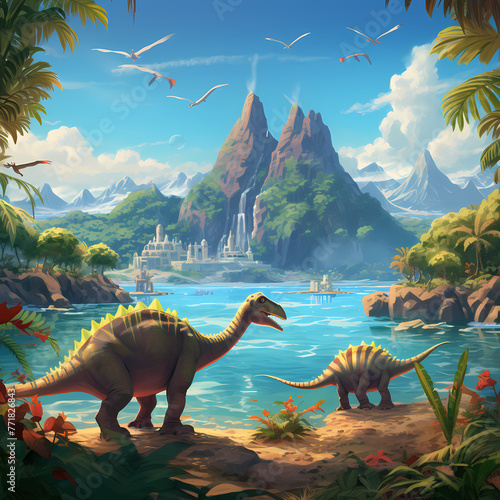 A tropical island with friendly dinosaur inhabitants