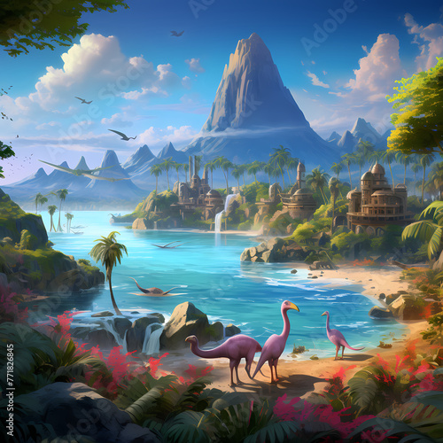 A tropical island with friendly dinosaur inhabitants