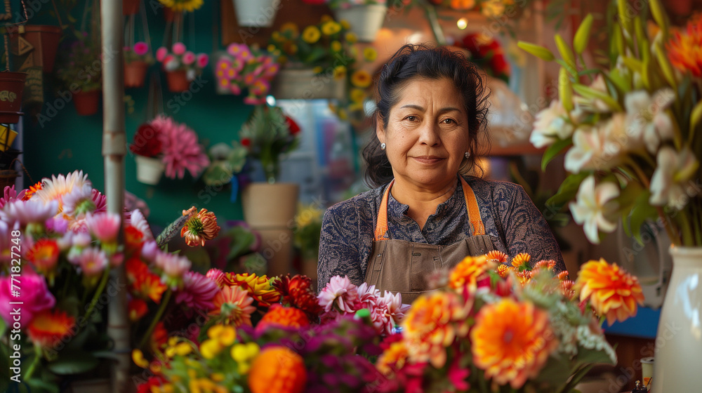 Welcoming Hispanic Florist in Shop Welcoming Hispanic Florist in Shop