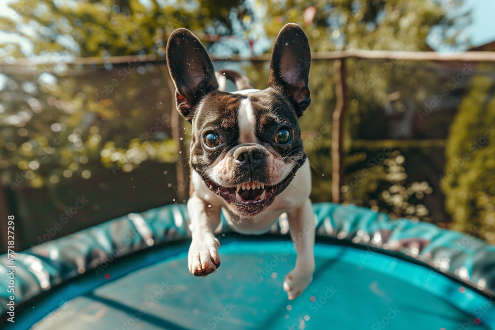 Energetic Pooch: Dog Jumping on Trampoline - Top-Down Professional Photography