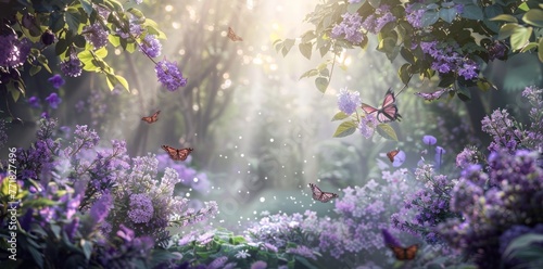 Gorgeous artwork portraying a picturesque garden landscape adorned with charming purple flowers and whimsical butterflies, creating an enchanting and peaceful setting. © Irfanan