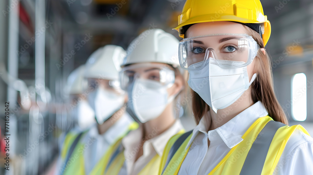 Industrial Team Walking into Factory Wearing Safety Gear Industrial Team Walking into Factory Wearing Safety Gear