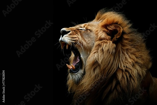 Fierce lion roaring majestically against stark black background  Powerful wildlife portrait