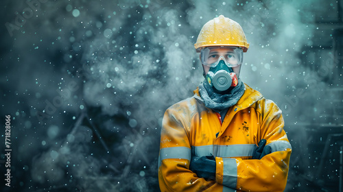 Firefighter in Gas Mask Standing in Stormy Place