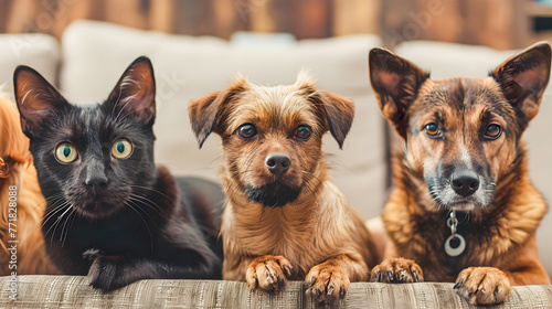 Five Abstract Cats-Style Dogs Sitting Together on a Couch