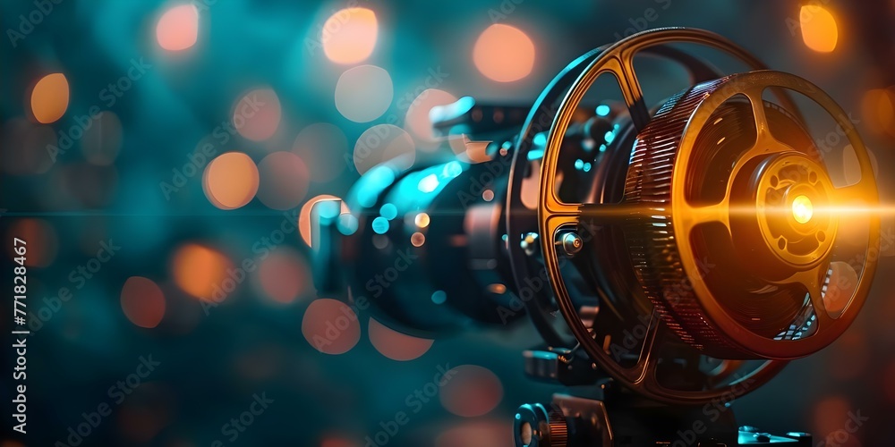 Vintage film projector with a classic movie reel evoking a sense of nostalgia and oldfashioned cinema charm. Concept Vintage Film Projector, Classic Movie Reel, Nostalgia, Old-fashioned Cinema Charm - obrazy, fototapety, plakaty 