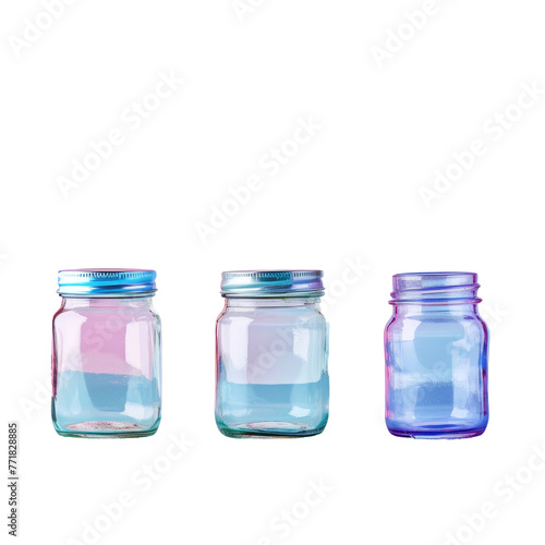 Drinkware in purple, electric blue, and glass mason jars on transparent background