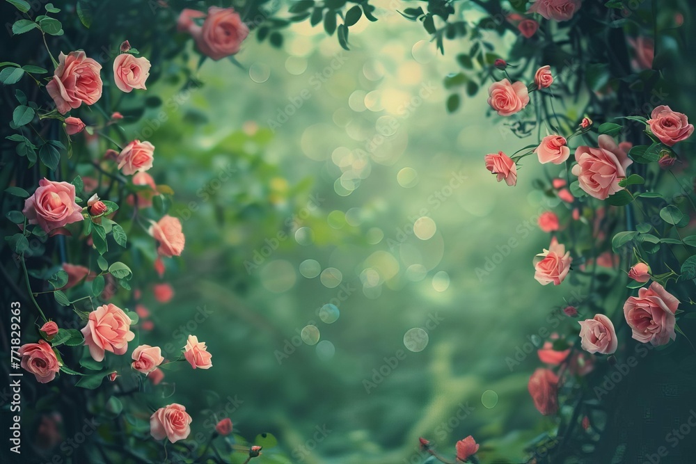 Naklejka premium Enchanting pink roses entwined with vines on a bokeh forest background, fantasy floral frame