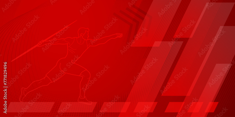 Fototapeta premium Javelin thrower themed background in red tones with abstract lines and dots, with sport symbols such as a male athlete