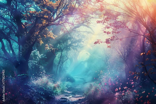 Enchanted forest landscape, magical fairy tale scene, dreamy vibrant colors, mysterious atmosphere, fantasy concept art