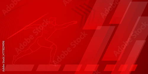 Javelin thrower themed background in red tones with abstract lines and dots, with sport symbols such as a male athlete