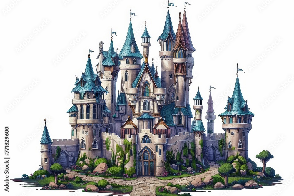 Enchanted Fairytale Castle, Medieval Fantasy Architecture, Isolated on White Background, Digital Painting
