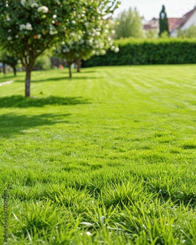 Green lawn against the backdrop of a garden with trees. Sunny and bright day. Green grass against a background of trees in the garden.