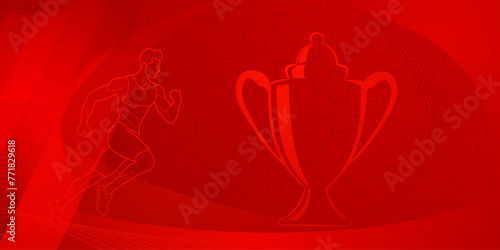 Runner themed background in red tones with abstract curves and mesh, with sport symbols such as a male athlete, running track and a cup