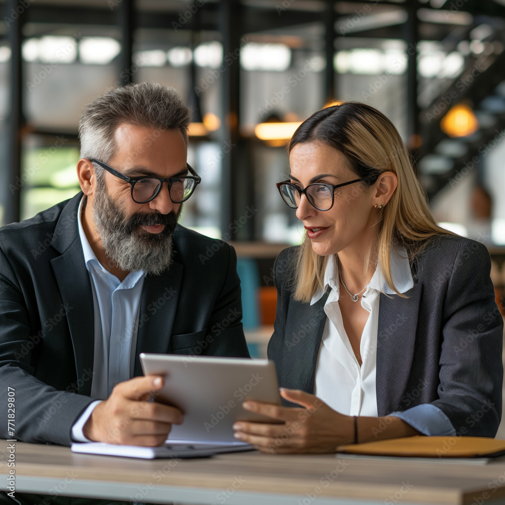A man and a woman, both wearing glasses, are seated at a table looking at a tablet. They appear to be discussing work or an engineering project at a whitecollar event A man and a woman, both wearing glasses, are seated at a table looking at a tablet. They appear to be discussing work or an engineering project at a whitecollar event