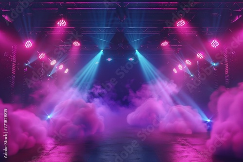 Empty stage with laser lights and smoke in dark room  concert or party background  3D illustration