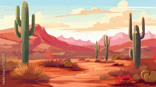 Colorful background with desert cactus and mountain