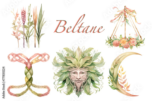 Green and Pink fertility festival Set of Beltane Wiccan watercolor illustrations. Wheel of the year isolated folklore art. Celtic pagan PNG bundle with Green Man, maypole and handfasting cords.