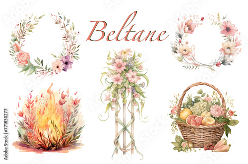 Green and Pink fertility festival Set of Beltane Wiccan watercolor illustrations. Wheel of the year isolated folklore art. Celtic pagan PNG bundle with maypole, bonfire and floral basket and wreaths.
