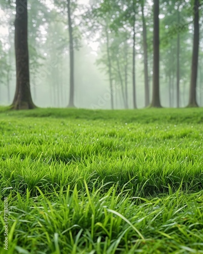 Green lawn with fresh grass against the backdrop of a foggy forest. Nature spring grass background texture