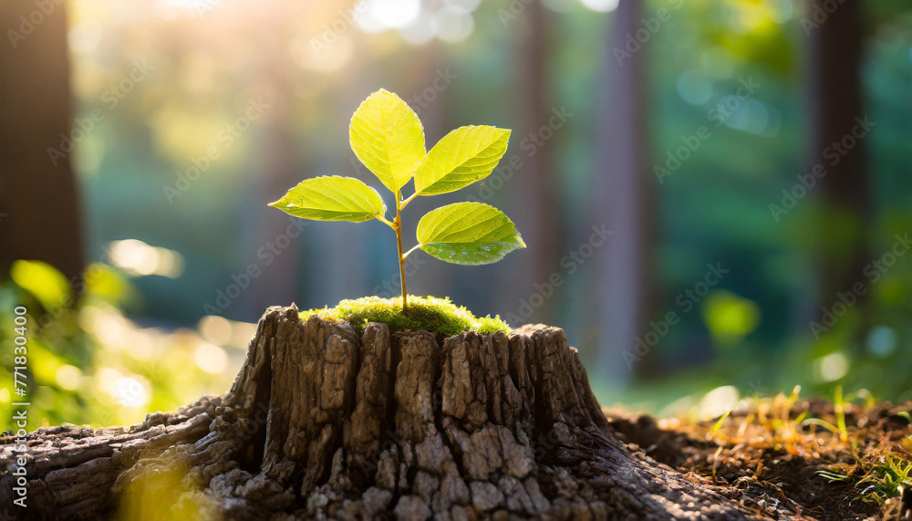 Young tree emerges from old stump in evening backlight, symbolizing renewal and growth Young tree emerges from old stump in evening backlight, symbolizing renewal and growth