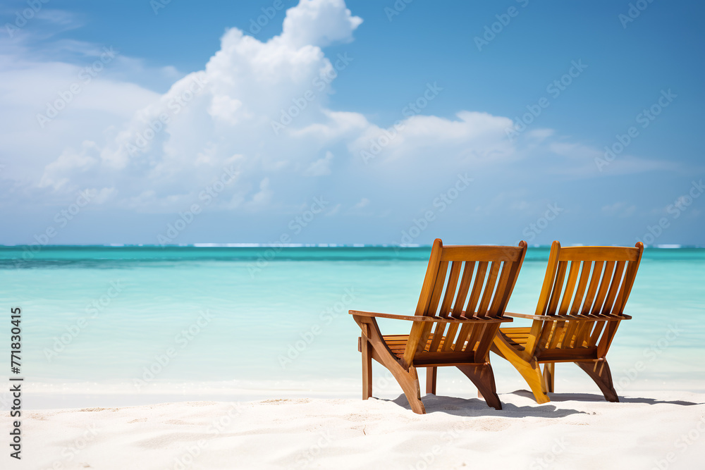 tranquil beach setting with two empty wooden chairs facing the calm turquoise sea, accentuating a sense of relaxation and solitude - Generative AI