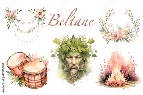 Green and Pink fertility festival Set of Beltane Wiccan watercolor illustrations. Wheel of the year isolated folklore art. Celtic pagan PNG bundle with drums, bonfire and Green Man.
