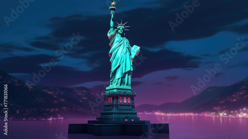 Statue of Liberty on the water with a glowing blue light at night