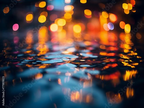 Witness the serene beauty of a river's blurred reflections under night lights.
