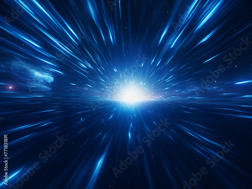 Hyperspace motion depicted in abstract blue star trail.