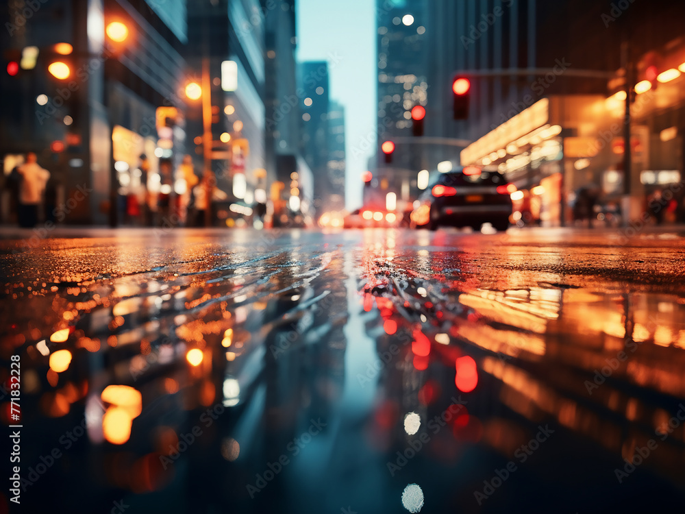 Defocused bokeh captures urban night lights ambiance.