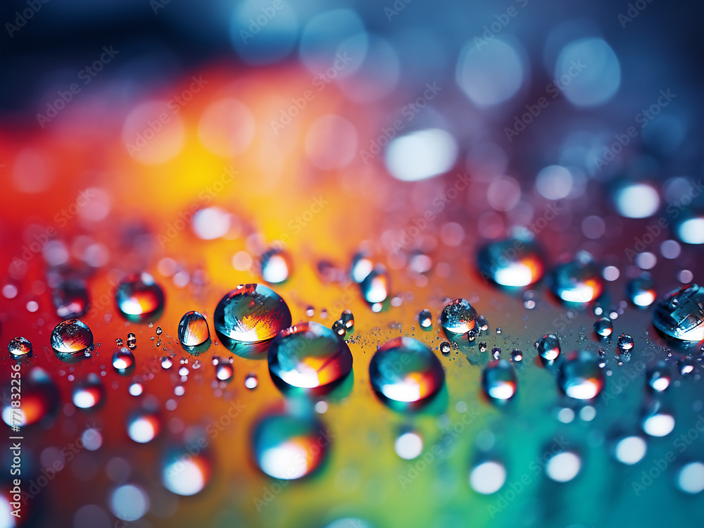 Colored blurred background complements water droplets on glass.